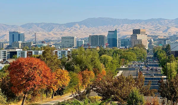 Boise, ID, USA - Oct 13, 2024: Elevated view of downtown Boise with autumn foliage in the foreground and arid mountain slopes in the background under clear skies.