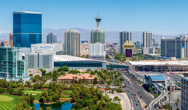 Las Vegas, Nevada USA - May 24 2024: Aerial view looking north east across Wynn Golf Club towards the convention center.