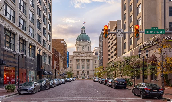 Indianapolis, Indiana, USA - October 19, 2021: The Indiana State Capitol as seen down Market street